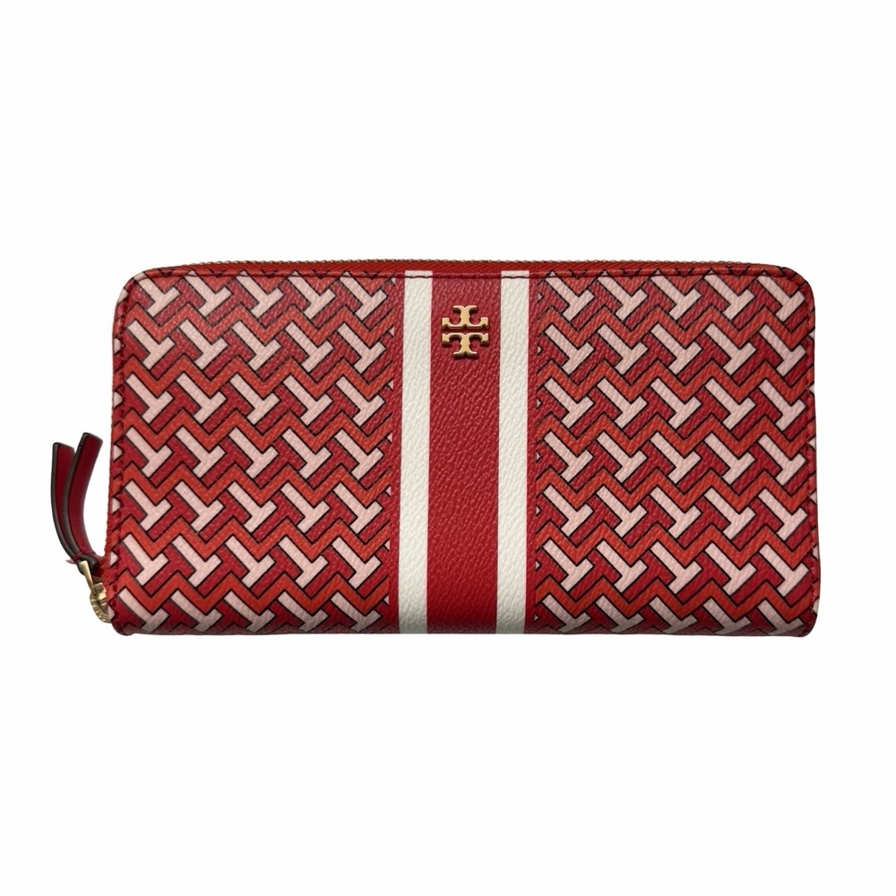 Tory Burch T Zag Zip Monogram Large Continental Wallet in Red White Classic